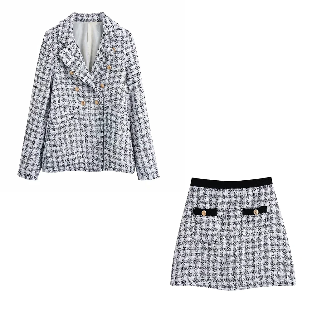 

XIKOM 2021 твидовый Женский комплект из двух предметов клетчатый винтажный офисный женский двубортный блейзер с бахромой женский облегающий костюм с юбкой с высокой талией