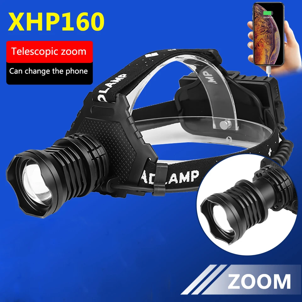 Супер мощный яркий светодиодный налобный фонарь XHP160 с зумом перезаряжаемый Usb