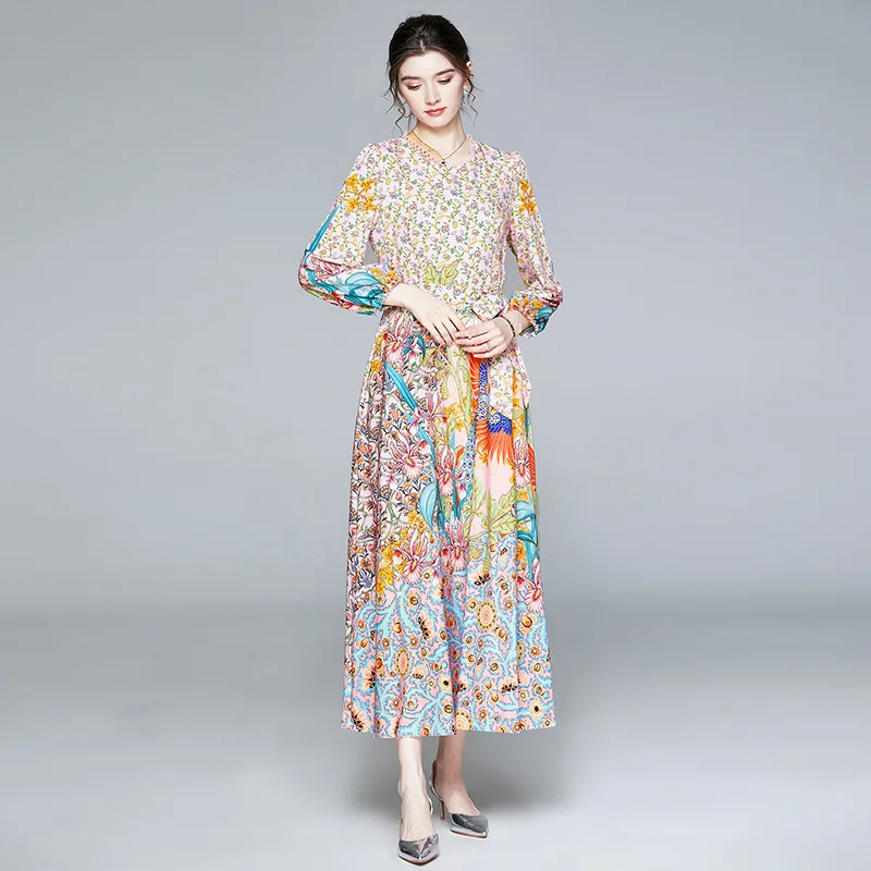 fashion design Vintage Peacock Flower Print Maxi Dress Women's Long Lantern Sleeve O-Neck Hollow Out Belted Shirt Holiday Dress
fashion design Vintage Peacock Flower Print Maxi Dress Women's Long Lantern Sleeve O-Neck Hollow Out Belted Shirt Holiday Dress