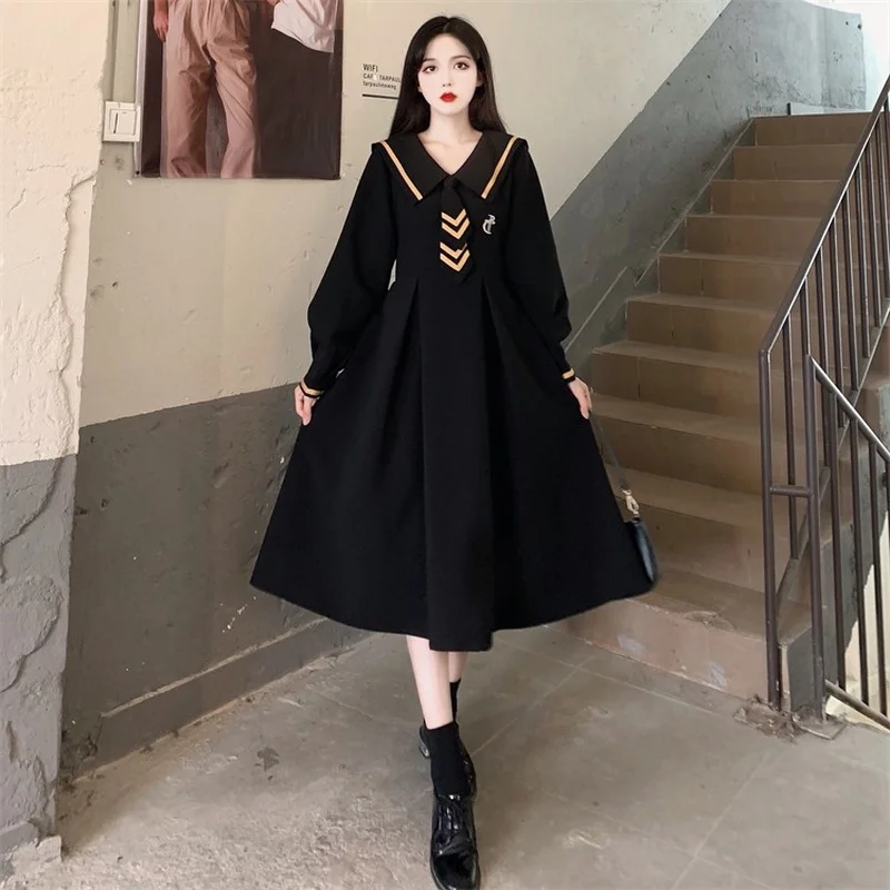 College Style JK Black Dress Women Autumn Vintage Navy Collar Chiffon Long Sleeve Dresses Large Size M-4XL
College Style JK Black Dress Women Autumn Vintage Navy Collar Chiffon Long Sleeve Dresses Large Size M-4XL