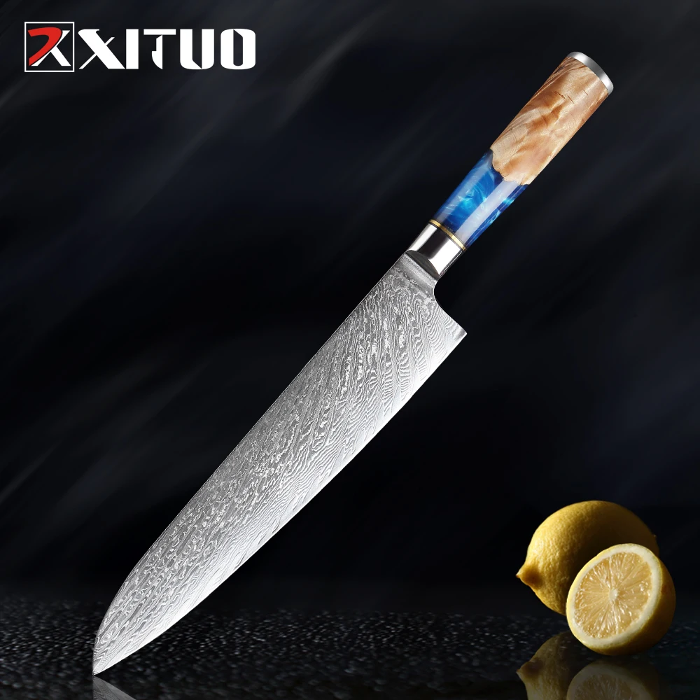 XITUO 9.5 inch Damascus Kitchen Chef Knife Sharp VG10 Japanese Damascus Ergonomically Designed Blue Resin Color Wooden Handle
XITUO 9.5 inch Damascus Kitchen Chef Knife Sharp VG10 Japanese Damascus Ergonomically Designed Blue Resin Color Wooden Handle