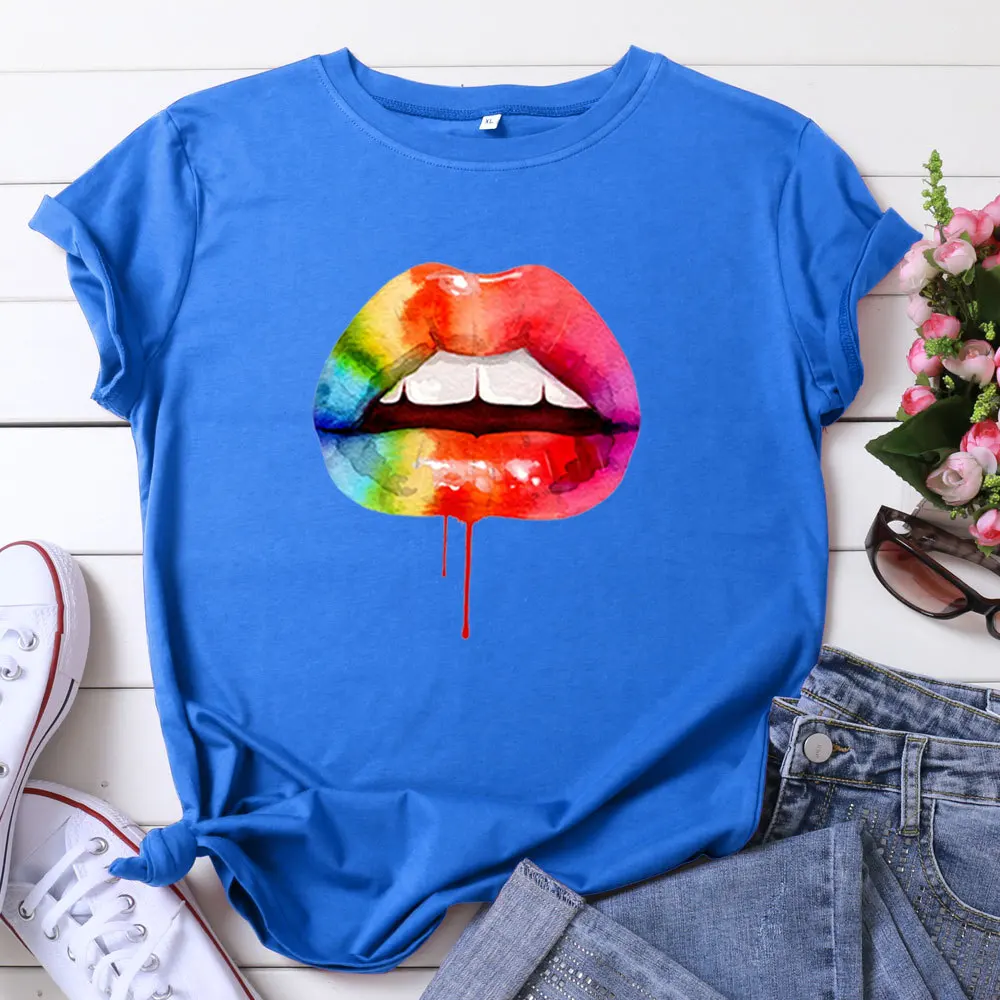 Summer Women Short Sleeve Cotton 100% T-shirt Colorful Lip Print Fashion Casual Clothes Female Graphic Tees Tops Kawaii Clothes
Summer Women Short Sleeve Cotton 100% T-shirt Colorful Lip Print Fashion Casual Clothes Female Graphic Tees Tops Kawaii Clothes
