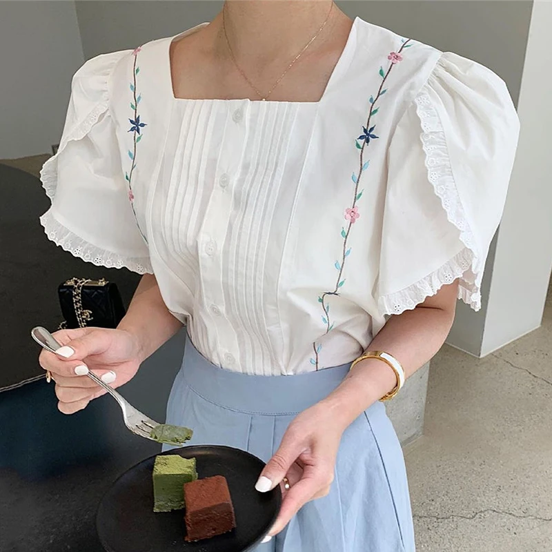 Square Collar Embroidered Flowers Pleated Loose Single-breasted Lace Puff Sleeve Shirt Women
Square Collar Embroidered Flowers Pleated Loose Single-breasted Lace Puff Sleeve Shirt Women