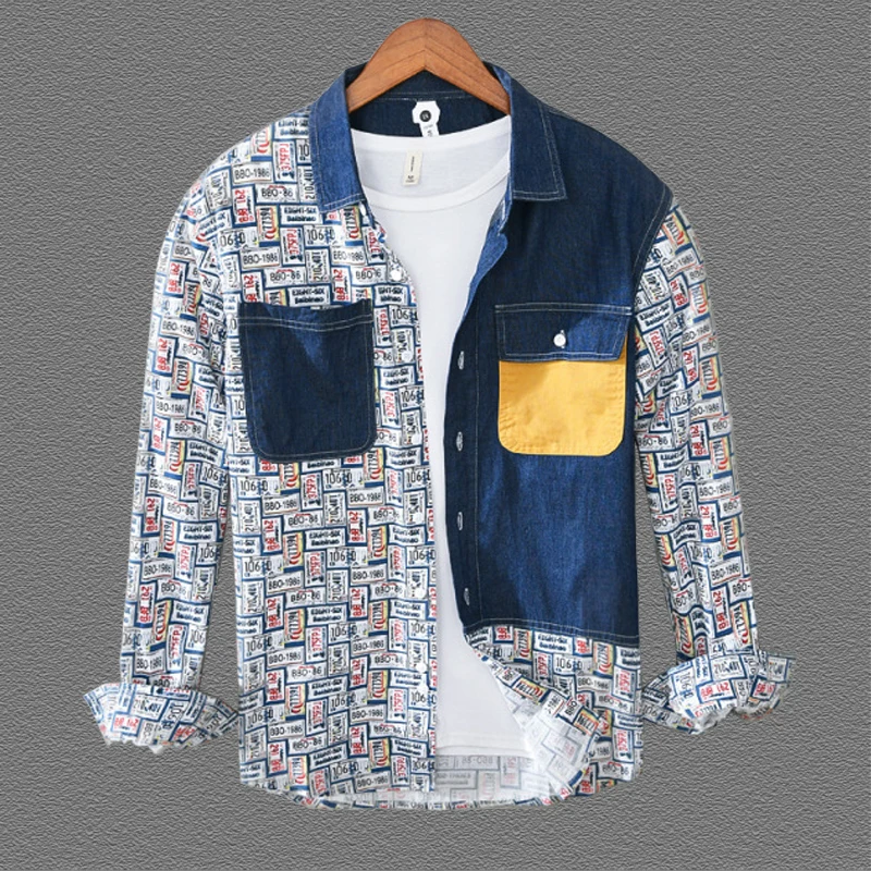 Print Long Sleeve Shirt for Men 100% Pure Cotton Casual Denim Pockets Patchwork Tops Male Turn-down Collar Vintage Clothing
Print Long Sleeve Shirt for Men 100% Pure Cotton Casual Denim Pockets Patchwork Tops Male Turn-down Collar Vintage Clothing