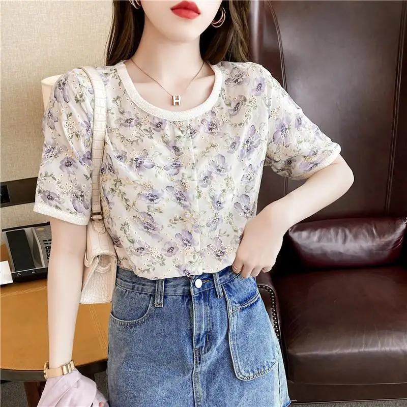 Retro small fragrance hook Flower Chiffon shirt 2021 summer new round neck versatile thin chiffon shirt lining
Retro small fragrance hook Flower Chiffon shirt 2021 summer new round neck versatile thin chiffon shirt lining