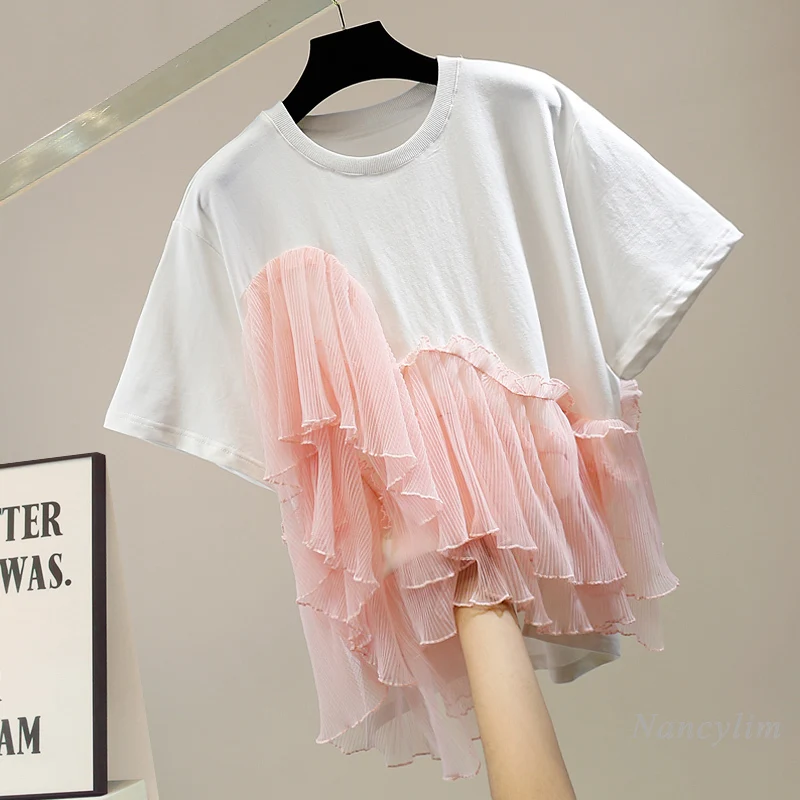 Personalized Fashion Pleated Irregular Ruffled Stitching Short Sleeves Cotton T-shirt Women Summer Al-Match Top Lady Tees 2021
Personalized Fashion Pleated Irregular Ruffled Stitching Short Sleeves Cotton T-shirt Women Summer Al-Match Top Lady Tees 2021