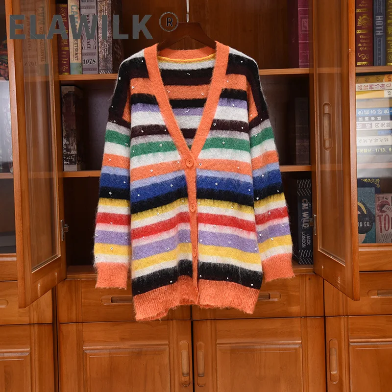 2021 Autumn Winter Hot Fashion High quality Women's rainbow stripe V-neck Mohair cardigans coat C372
2021 Autumn Winter Hot Fashion High quality Women's rainbow stripe V-neck Mohair cardigans coat C372