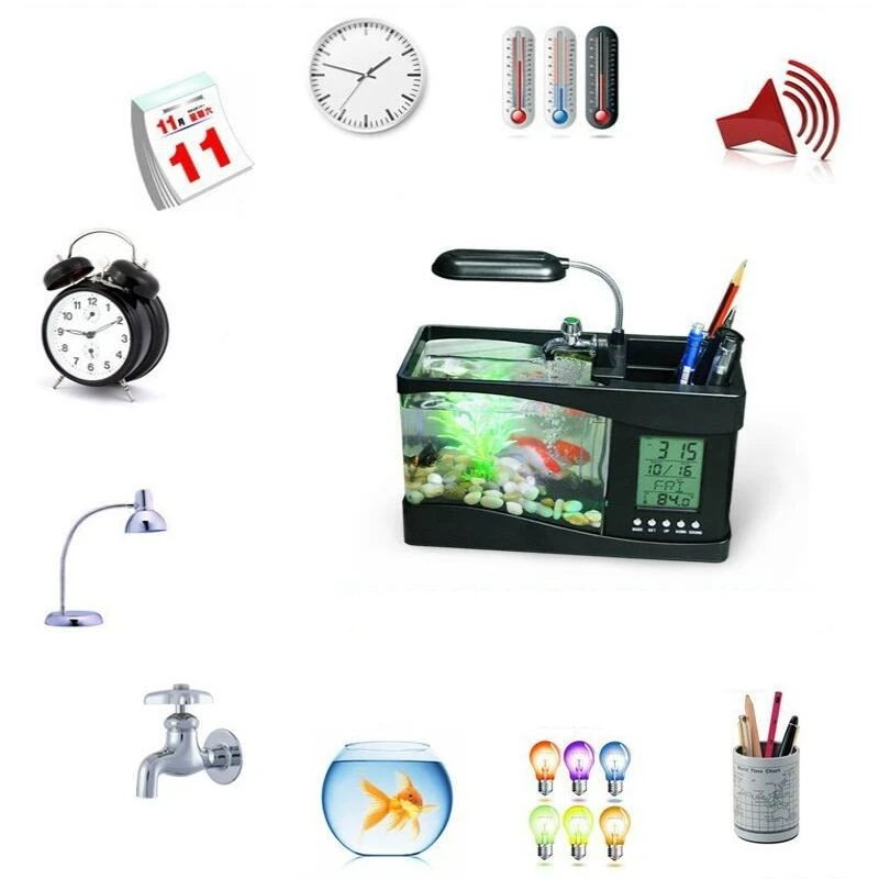 Mini fish tank table with USB interface, LCD clock, timer, LED light, LED alarm clock, black and white
Mini fish tank table with USB interface, LCD clock, timer, LED light, LED alarm clock, black and white