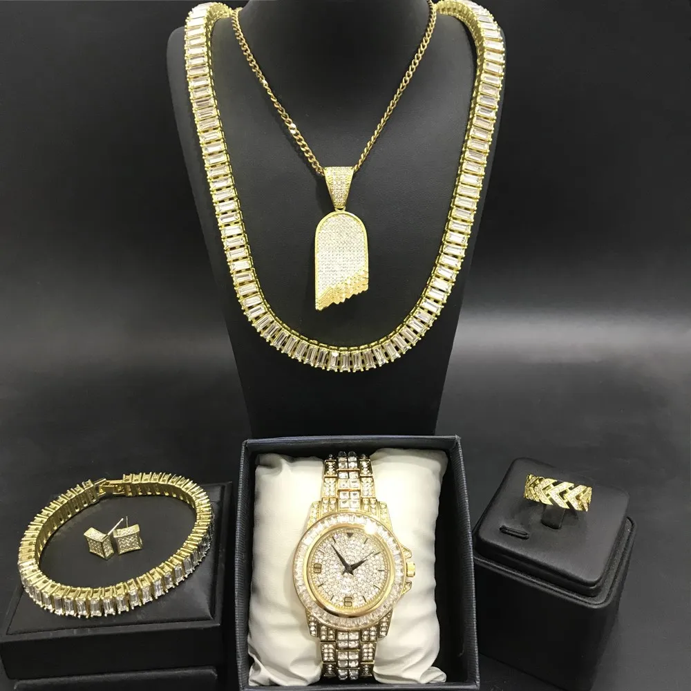 Luxury Men Gold Color Watch & Necakcle & Braclete & Ring & Earrings Combo Set Ice Out Cuban In Crystal Neckalce Hip Hop For Men
Luxury Men Gold Color Watch & Necakcle & Braclete & Ring & Earrings Combo Set Ice Out Cuban In Crystal Neckalce Hip Hop For Men