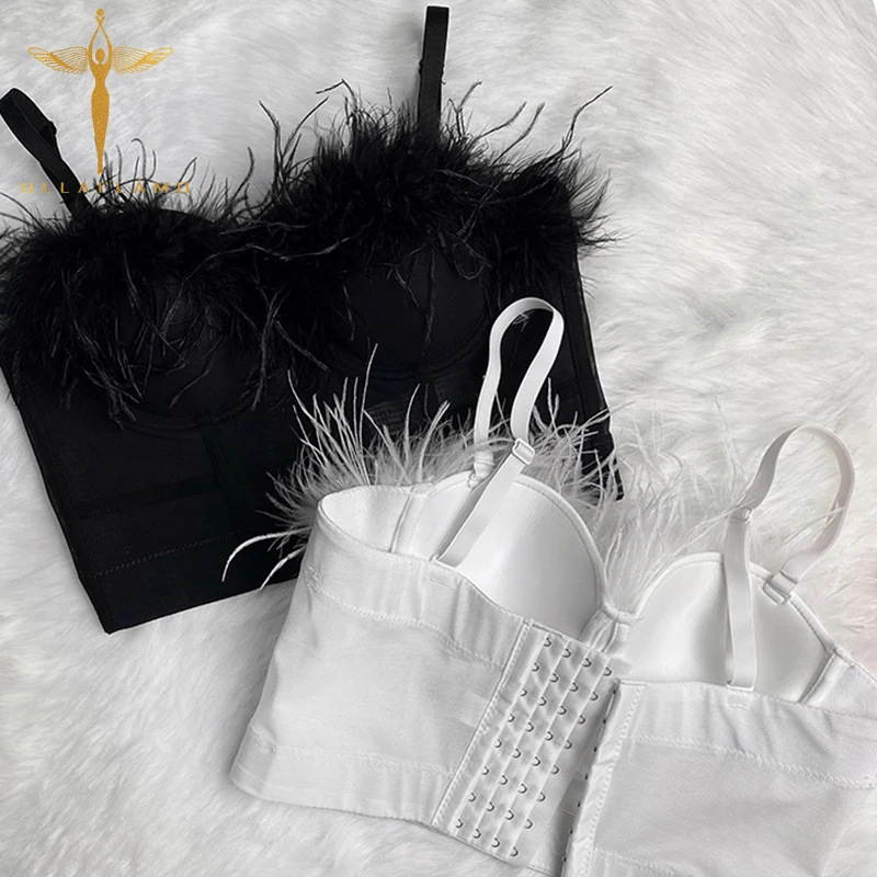 Black Sexy Backless Strapless Feather Corset Tops Outer Wear Camisole Female Slim Tank Top Stage Costume Women Clothing Crop Top
Black Sexy Backless Strapless Feather Corset Tops Outer Wear Camisole Female Slim Tank Top Stage Costume Women Clothing Crop Top