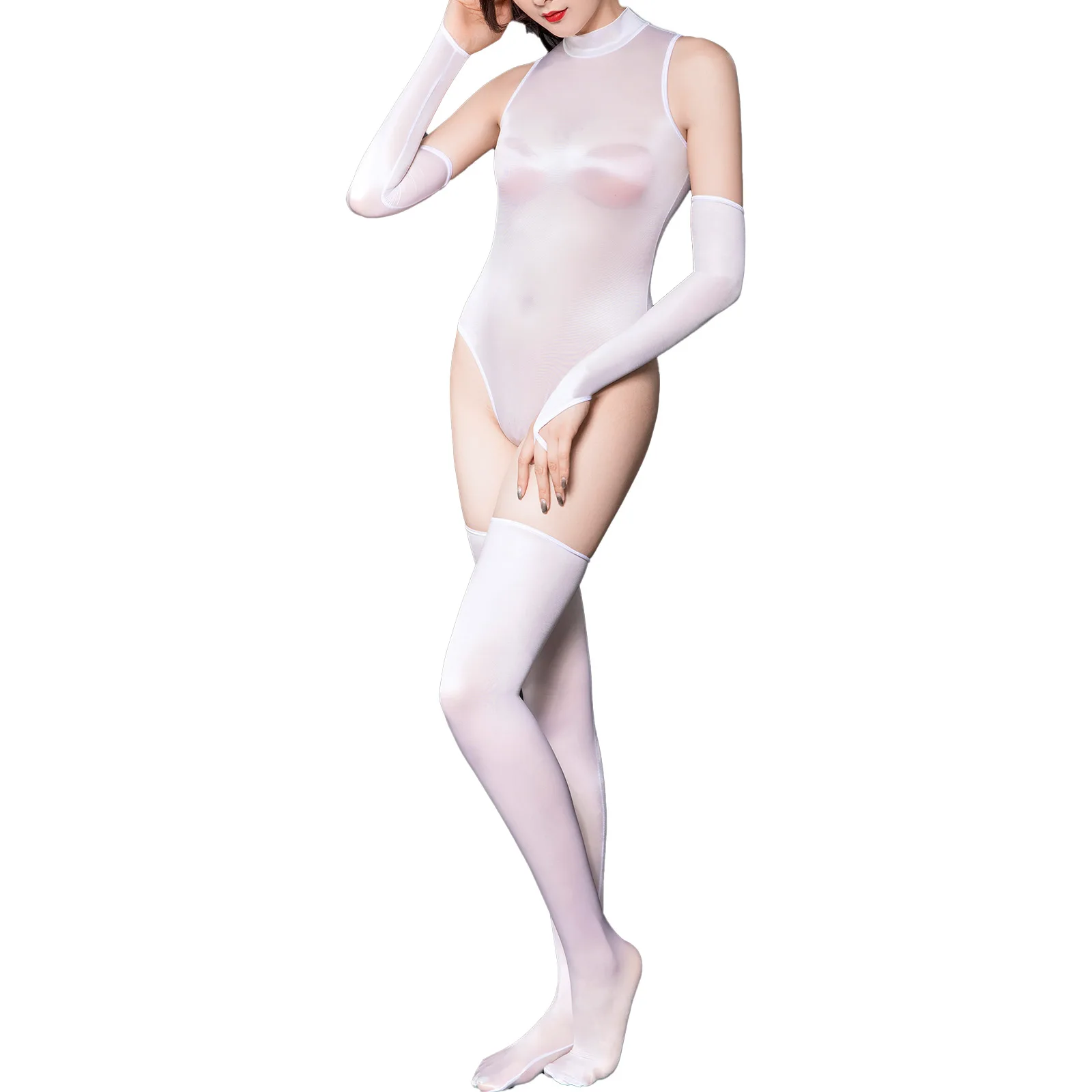 Women Sexy One-piece Jumpsuit Glossy Solid Color Sleepwear Outfits Mock Neck Sleeveless Bodysuit Underwear with Gloves Stockings
Women Sexy One-piece Jumpsuit Glossy Solid Color Sleepwear Outfits Mock Neck Sleeveless Bodysuit Underwear with Gloves Stockings
