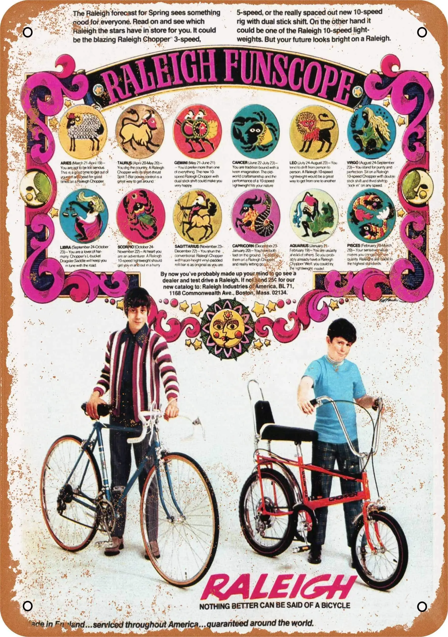 SLALL 1971 Raleigh Bicycle Horoscope Retro Street Sign Household Metal Tin Sign Bar Cafe Car Motorcycle Garage Decoration
SLALL 1971 Raleigh Bicycle Horoscope Retro Street Sign Household Metal Tin Sign Bar Cafe Car Motorcycle Garage Decoration