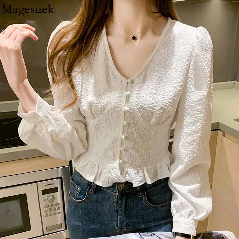 2021 Autumn Korean Fashion Women's Shirt V-neck Puff Long Sleeve Slim Short Tops Patchwork Pleated Blouse Women Blusas 16745
2021 Autumn Korean Fashion Women's Shirt V-neck Puff Long Sleeve Slim Short Tops Patchwork Pleated Blouse Women Blusas 16745