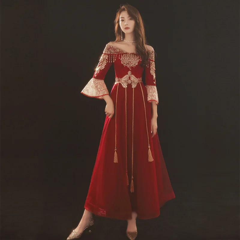 Gravida Cover Belly Wedding Party Dresses Sexy Slash Neck Sweet Tassel Formal Prom Gown Chinese Style Large Size Evening Dress
Gravida Cover Belly Wedding Party Dresses Sexy Slash Neck Sweet Tassel Formal Prom Gown Chinese Style Large Size Evening Dress
