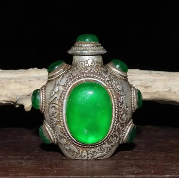 

Free shipping China old Tibetan folk silver inlaid with greenstone jade snuff bottle