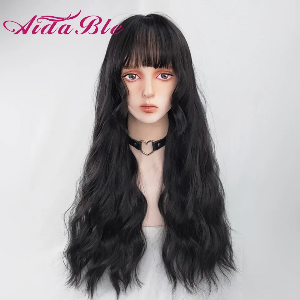 

Aidable hair Synthetic Hair Wig Long Wavy Jet Black Wigs With Bang Natural Hairline for Black Women Cosplay Daily Heat Resistan