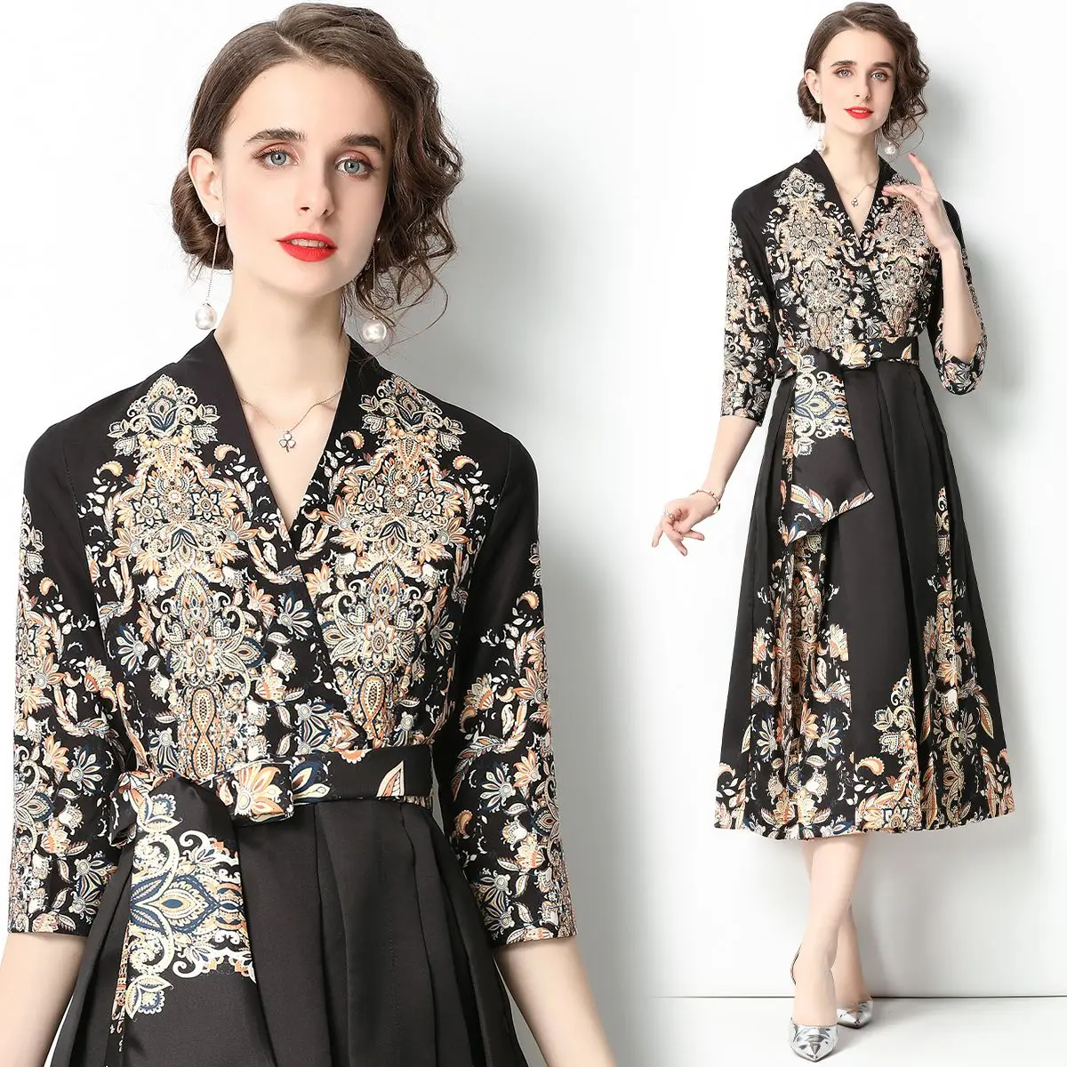 Fashion Elegant Luxury Flower Print Satin Dress Women's V Neck Three Quarter Sleeve Lace Up Belt A Line Party Vestidos 1829
Fashion Elegant Luxury Flower Print Satin Dress Women's V Neck Three Quarter Sleeve Lace Up Belt A Line Party Vestidos 1829