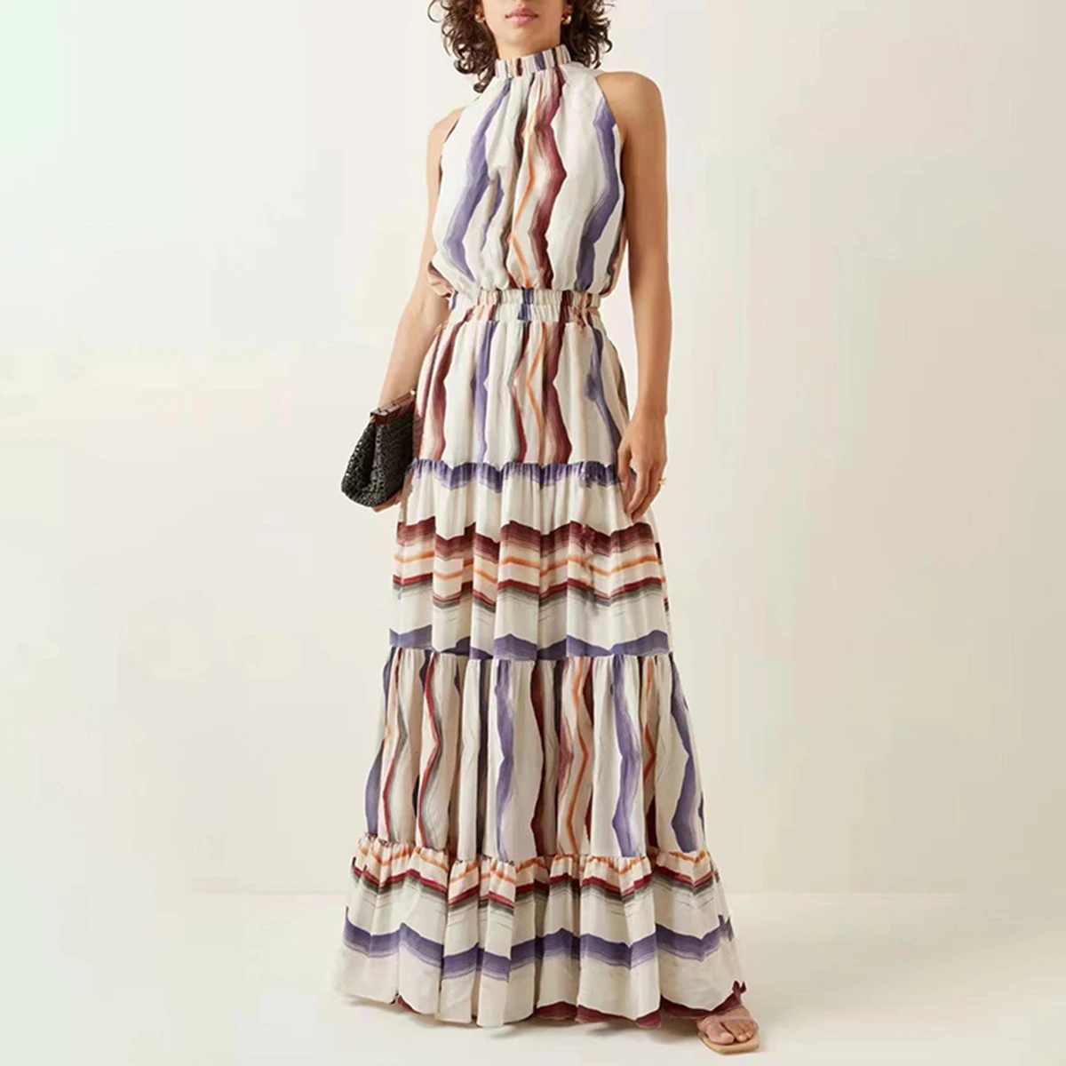 Neck-mounted Striped Maxi Dress Sleeveless Elastic Waist Vintage Half High Collar Long Dresses Bohemain Autumn Party Robe Female
Neck-mounted Striped Maxi Dress Sleeveless Elastic Waist Vintage Half High Collar Long Dresses Bohemain Autumn Party Robe Female