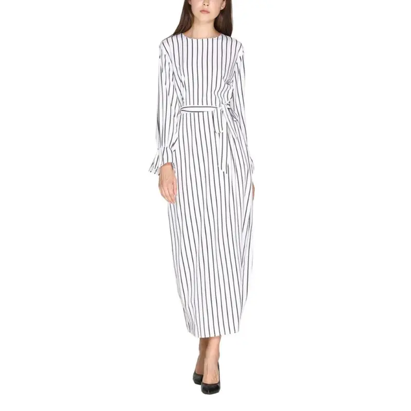 

Women Lady Islamic Muslim Flare Sleeve Maxi Long Dress Vertical Stripes O-Neck Belted High Waist Casual Pullover Slim Tunic Gown