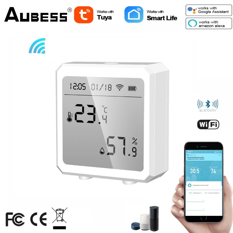 

Датчик температуры и влажности Aubess WIFI, гигрометр, термометр Tuya smart life, управление через приложение через Alexa Google Assistant
