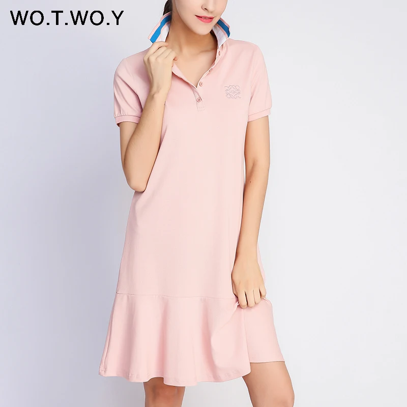 Женское свободное платье поло WOTWOY розовое синее с оборками элегантный стиль