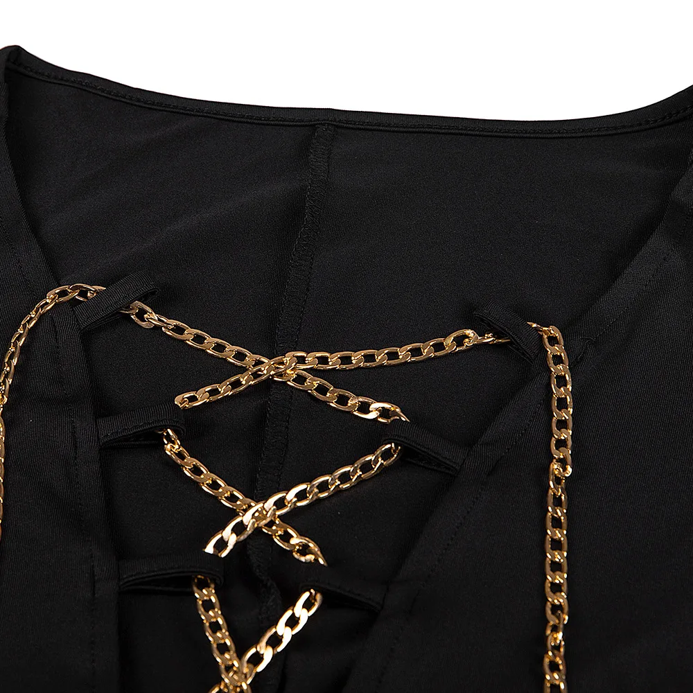 Sexy Style V-Neck Gold Chain Accessories Criss-Cross Long Sleeves Women Jumpsuit Undefined Overalls Clothing
Sexy Style V-Neck Gold Chain Accessories Criss-Cross Long Sleeves Women Jumpsuit Undefined Overalls Clothing