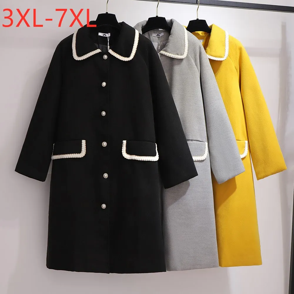 

New Fashion Ladies Winter Plus Size Long Overcoat Large Loose Black Pocket Button Windbreaker Woollen Coat 3XL 4XL 5XL 6XL 7XL