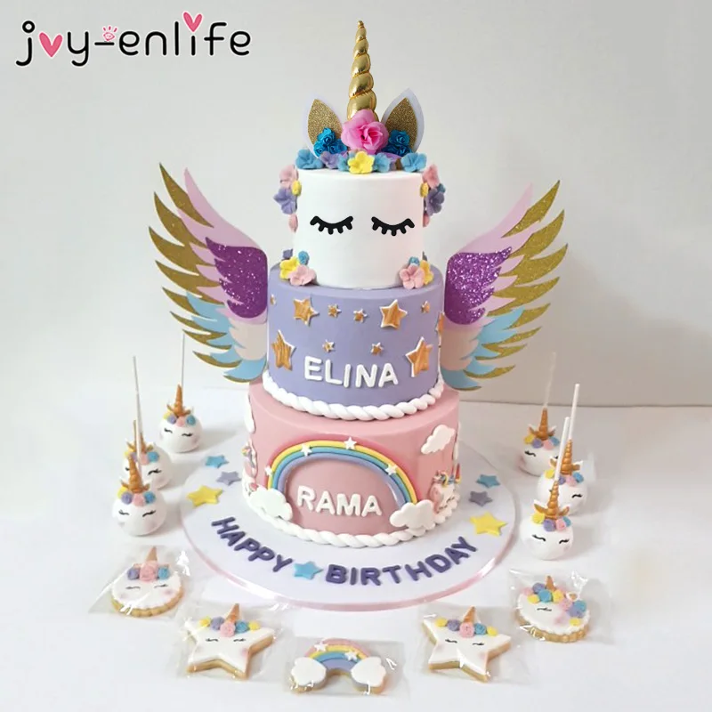 

1set Unicorn Birthday Cake Wings Decor Cartoon Unicorn Cake Toppers Birthday Party Decoration Kids Cupcake Wrappers Cake Topper