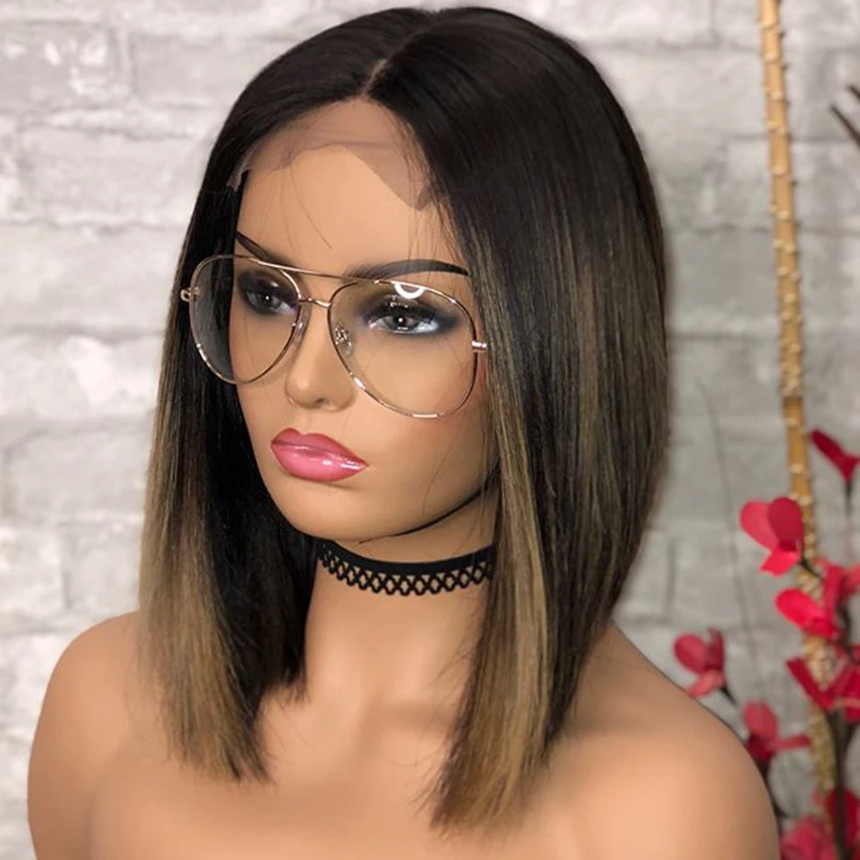 

Brown Ombre Blonde Highlight Straight Cut Bob 13x4 Human Hair Lace Frontal Wig With Natural Hairline Brazilian 5X5 PU Glueless