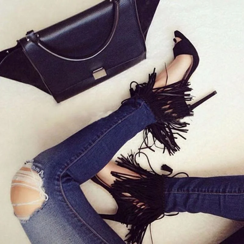 Sandals Summer Women Black Suede Tassel Cool Boots Fish Mouth High Heeled Shoes Bandage Thin Heels Sandalias Mujer Pumps
Sandals Summer Women Black Suede Tassel Cool Boots Fish Mouth High Heeled Shoes Bandage Thin Heels Sandalias Mujer Pumps