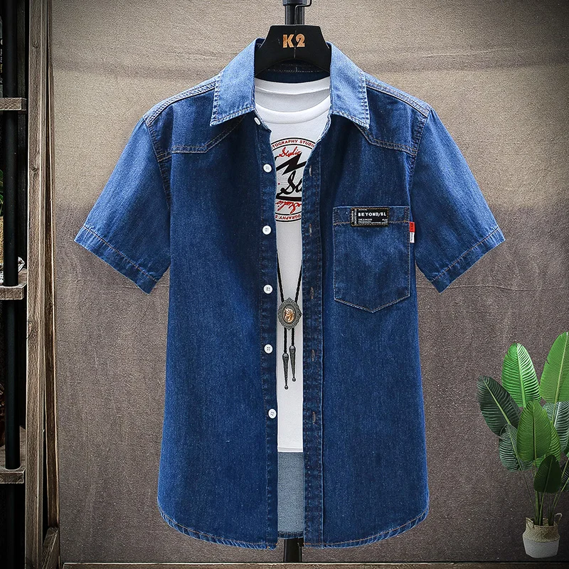 

Denim Shirt Men Cotton Jeans Shirt Fashion Summer Slim Short Sleeve Cowboy Shirt Stylish Wash Slim Tops Asian Size