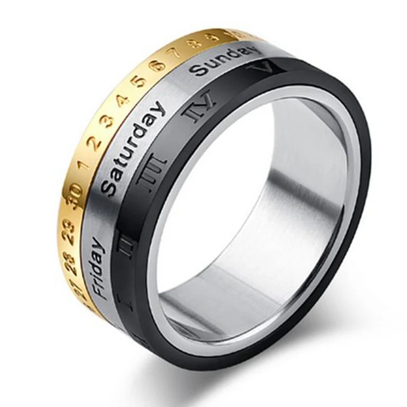 Men Titanium Steel Punk Rotatable Spinner Date Time Calendar Roman Numerals Finger anxiety fidget Ring Fashion Party for women | Украшения