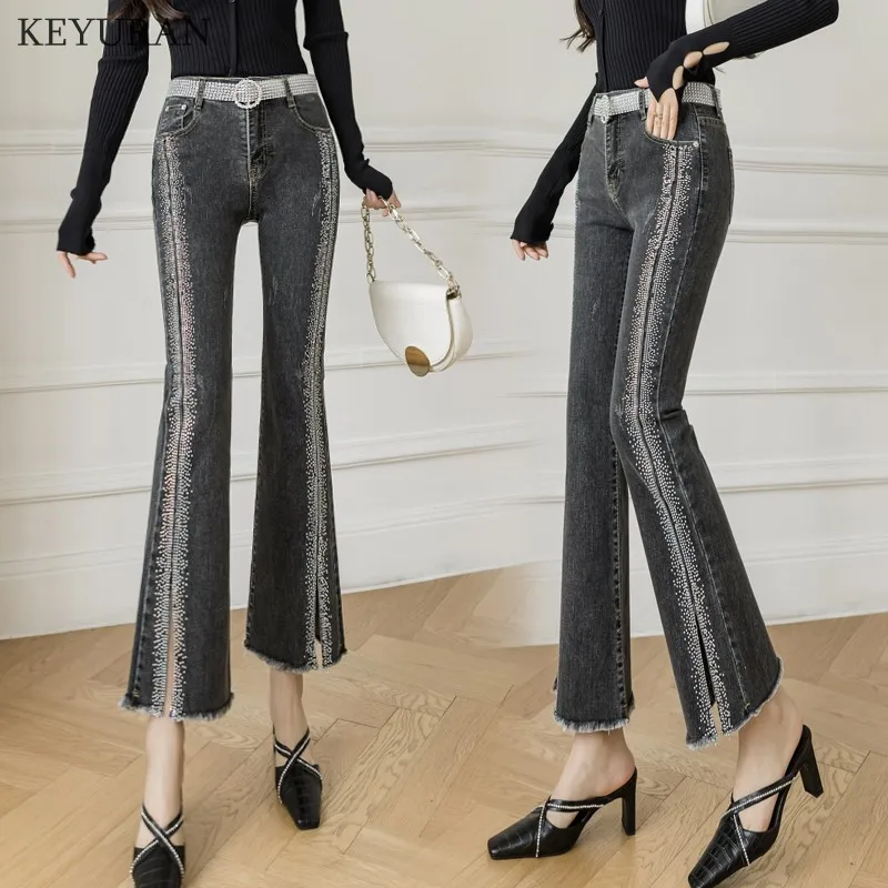 

2021 Autumn New High-Waisted Jeans Women's Elasticity Slim Diamond Stitching Split Flared Cropped Denim Pants Female Trousers