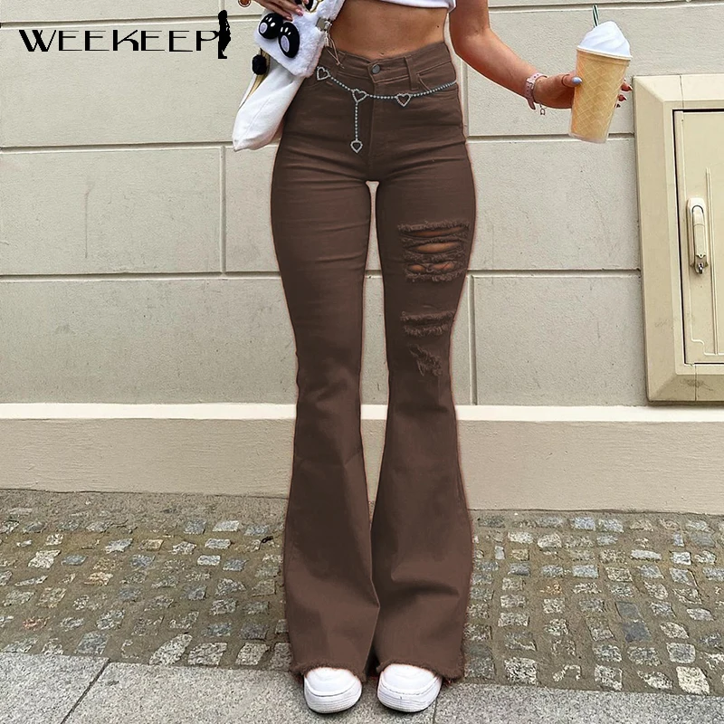 Weekeep Streetwear Women Elastic Jeans High Waist Ripped Casual Flare Denim Pants Summer Harajuku Hollow Out Korean 90s Trousers 
Weekeep Streetwear Women Elastic Jeans High Waist Ripped Casual Flare Denim Pants Summer Harajuku Hollow Out Korean 90s Trousers