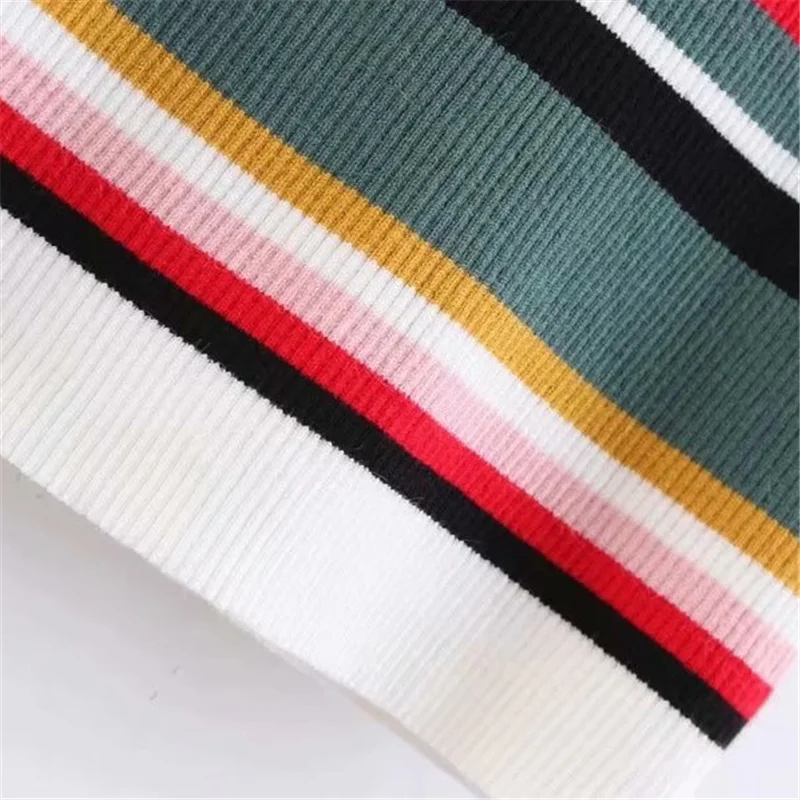 2021 Spring Woman Rainbow Stripe Stretchy Knitted Tops Girls Sweet Slash Neck Sleeveless Knitwear Female Casual Ruffles Top
2021 Spring Woman Rainbow Stripe Stretchy Knitted Tops Girls Sweet Slash Neck Sleeveless Knitwear Female Casual Ruffles Top