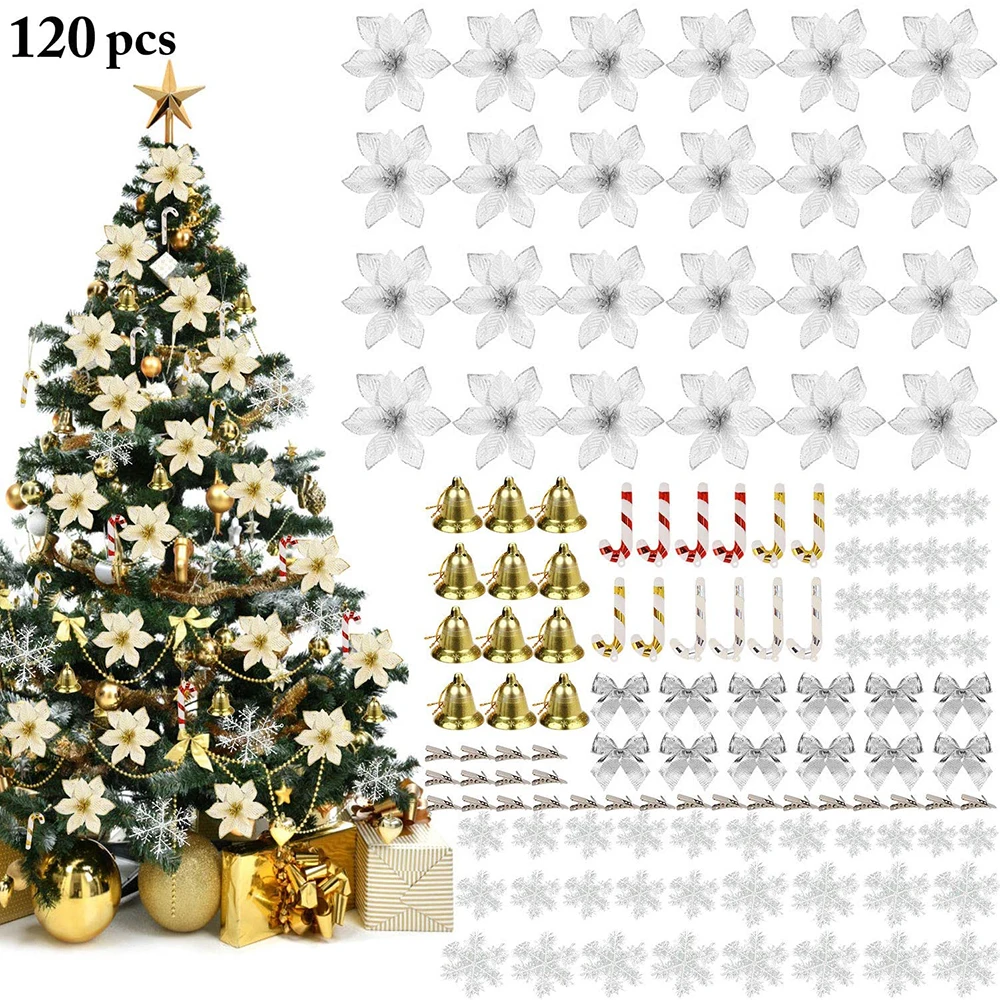 

120pcs Christmas Decorations Hanging Set Artificial Flowers Bow Bell Cane Xmas Event Party home decoration sapin de noel new