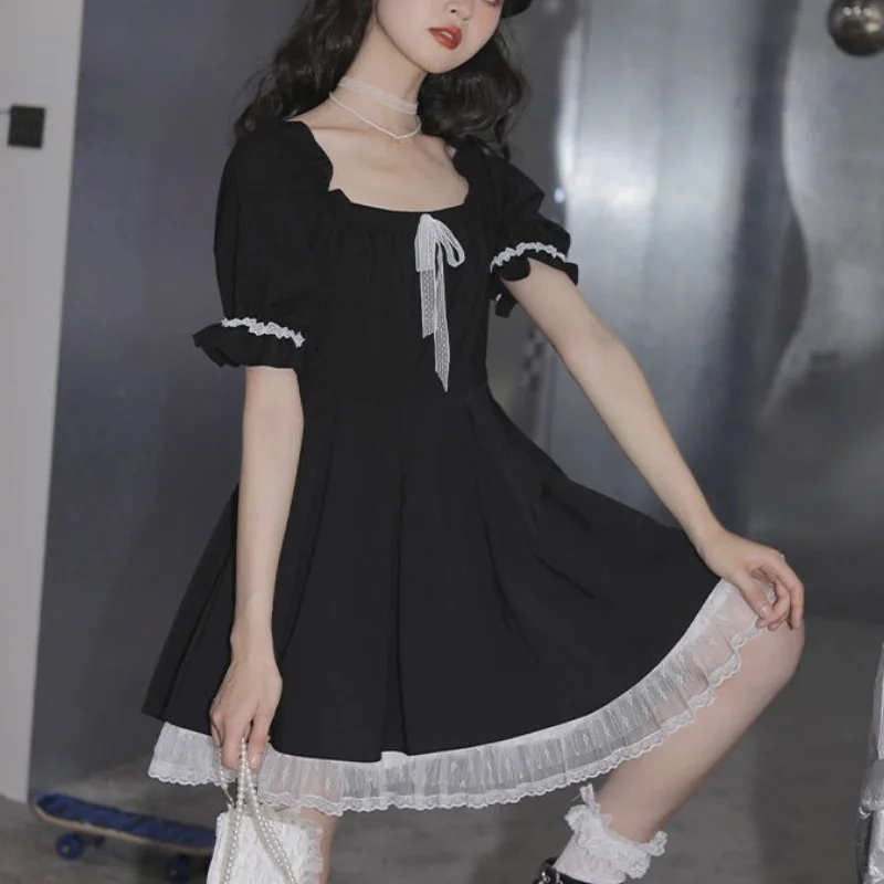 Kawaii Mini Dress Women Summer 2021 Black Short Sleeve Japanese Sweet Cute Casual Dress College Style Bow Lace Goth Lolita Dress 
Kawaii Mini Dress Women Summer 2021 Black Short Sleeve Japanese Sweet Cute Casual Dress College Style Bow Lace Goth Lolita Dress