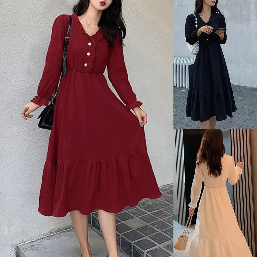 Simple Long-sleeved Women Dress Skin-friendly Solid Color V Neck High Waist Soft Ruffled Flounce Long Dress Fashion Accessory
Simple Long-sleeved Women Dress Skin-friendly Solid Color V Neck High Waist Soft Ruffled Flounce Long Dress Fashion Accessory