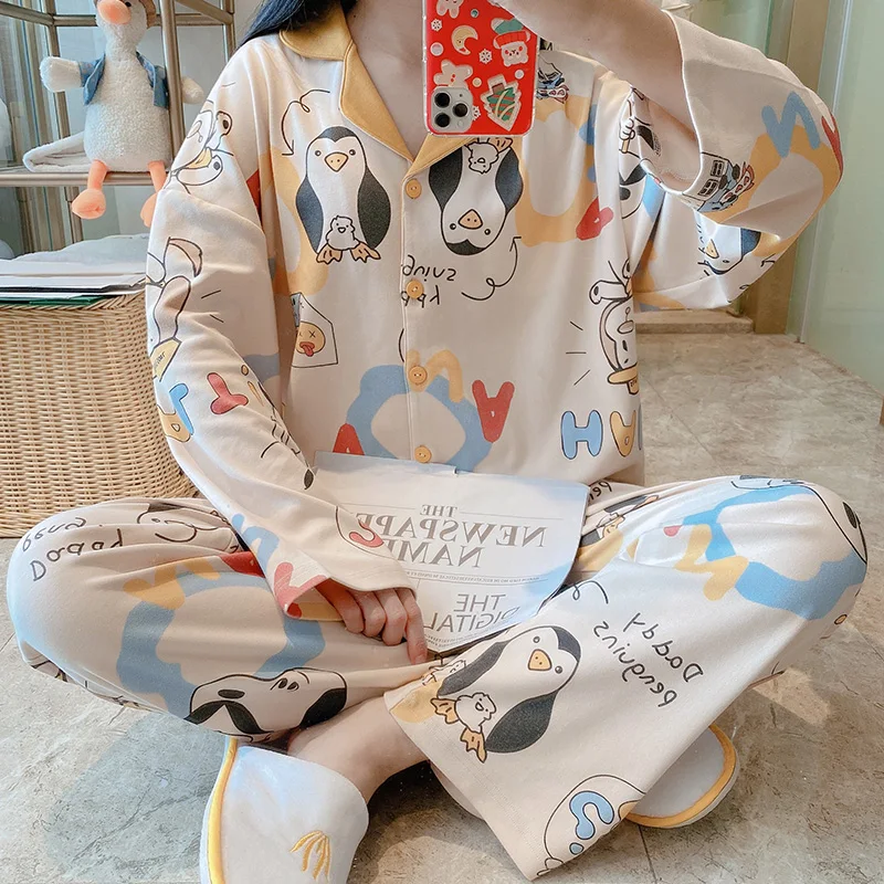 Women's Cotton Pajamas Spring Autumn Penguin Long-Sleeved Korean Style Loose Cute Lapel Home Wear Suit Summer and Winter Can
Women's Cotton Pajamas Spring Autumn Penguin Long-Sleeved Korean Style Loose Cute Lapel Home Wear Suit Summer and Winter Can
