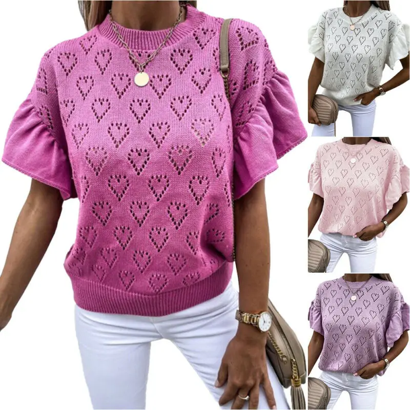 Fashion Loose Women Shirts Heart Hollow Women T Shirt Summer Ruffle Short Sleeve Knitted T Shirt Women Tops
Fashion Loose Women Shirts Heart Hollow Women T Shirt Summer Ruffle Short Sleeve Knitted T Shirt Women Tops