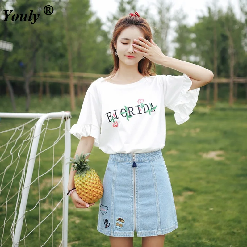 Embroidery Ruffle Trim T-Shirt Women Korean Short Sleeve Round Neck White T-Shirt Flounce Sleeve Solid Cute Ladies Tops Tee
Embroidery Ruffle Trim T-Shirt Women Korean Short Sleeve Round Neck White T-Shirt Flounce Sleeve Solid Cute Ladies Tops Tee