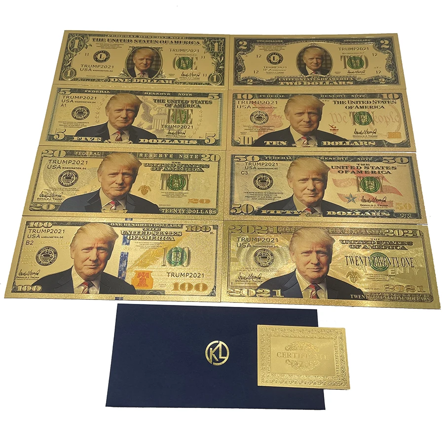 10pcs Trump 24K Gold Plated banknotes US Dollar fake money Donald trump souvenir cards business gift travel collection
10pcs Trump 24K Gold Plated banknotes US Dollar fake money Donald trump souvenir cards business gift travel collection