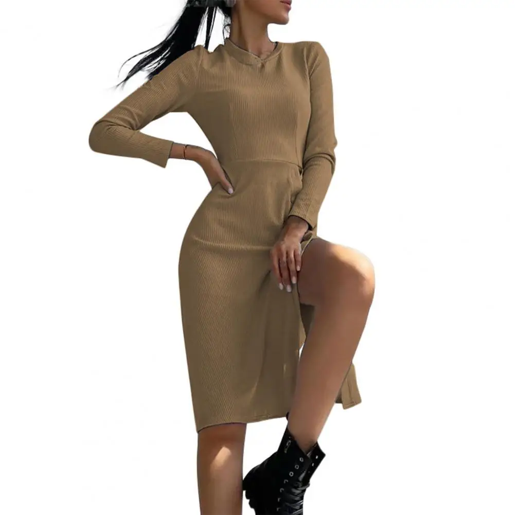 Slim Women Split Dress Solid Color Ribbed Round Neck Autumn Winter Split Hem Waist Tied Casual Ladies Knitted Dresses
Slim Women Split Dress Solid Color Ribbed Round Neck Autumn Winter Split Hem Waist Tied Casual Ladies Knitted Dresses