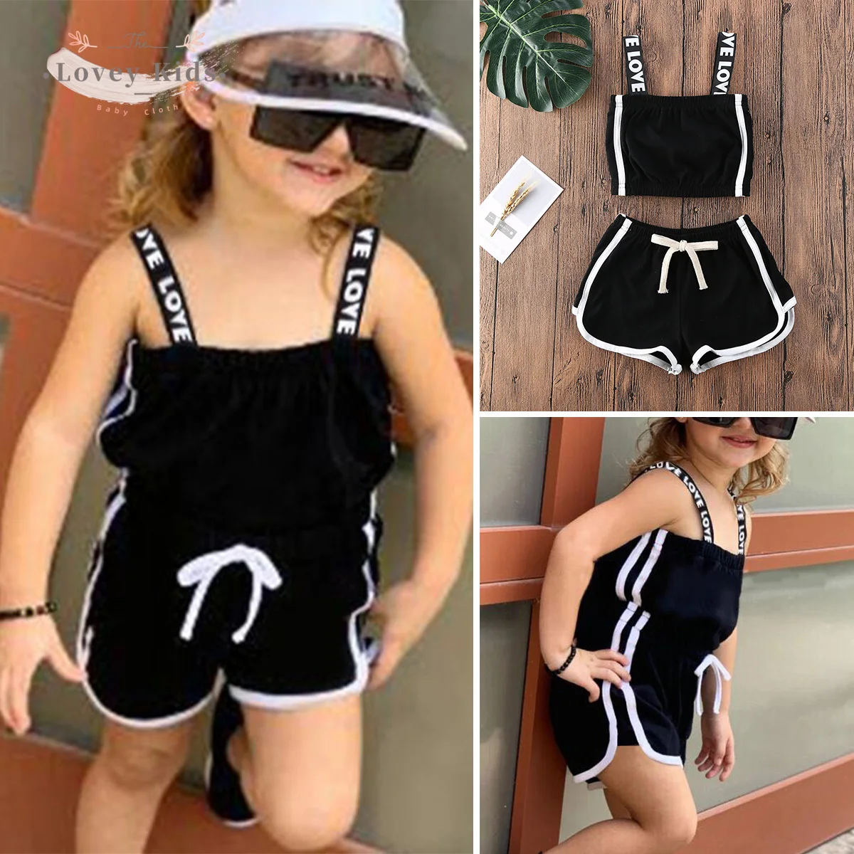 

2020 Baby Girls Tracksuit Sport Wear 2PCS Outfit Kids Sunsuit Cotton Soft Clothes Letter Print Sling Tops + Shorts Clothes