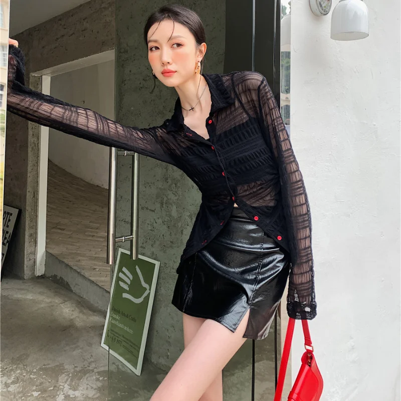 Kimotimo Sexy Black Mesh Long Shirts Women 2021 New Fashion Transparent Flare Sleeve All-match Tops Ins Design Button Up Blouse
Kimotimo Sexy Black Mesh Long Shirts Women 2021 New Fashion Transparent Flare Sleeve All-match Tops Ins Design Button Up Blouse