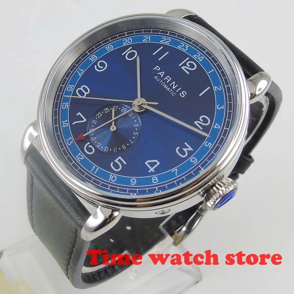 2019 42mm Parnis mechanical watch men GMT automatic steel waterproof black leather blue dial DATE Power luminous white brown 593
2019 42mm Parnis mechanical watch men GMT automatic steel waterproof black leather blue dial DATE Power luminous white brown 593