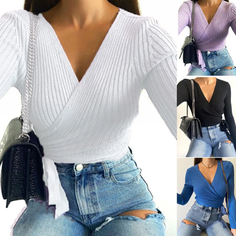 Women Sexy V Neck Wrap Blouse Solid Color Long Sleeve Slim Ribbed Knitwear Top Knitwear Top
Women Sexy V Neck Wrap Blouse Solid Color Long Sleeve Slim Ribbed Knitwear Top Knitwear Top