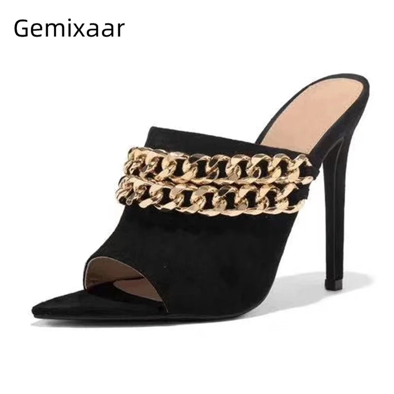 Luxury Suede Peep Toe Runway Shoes Woman Stiletto Heel Pointed Toe Metal Chains Decor High Heel Slippers Women
Luxury Suede Peep Toe Runway Shoes Woman Stiletto Heel Pointed Toe Metal Chains Decor High Heel Slippers Women