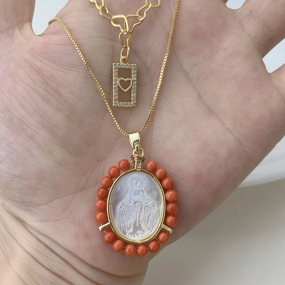 

Religious Holy Virgin Mary Choker Necklace Multi Layered Chain Red Coral MOP Pearl Shell Medal Pendant For Women 2021 Jewelry