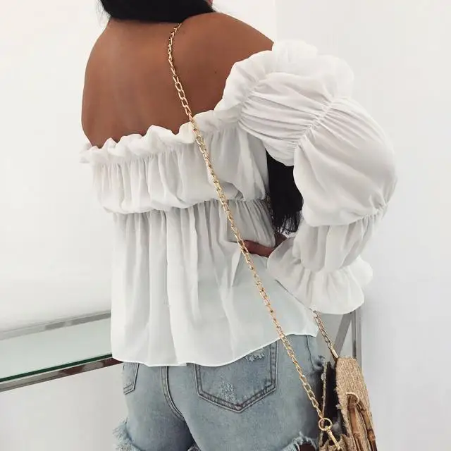 Womens Shirts Sexy Solid Color Off Shoulder Ruff Sleeve Long Sleeve Ruffled Women Blouse
Womens Shirts Sexy Solid Color Off Shoulder Ruff Sleeve Long Sleeve Ruffled Women Blouse
